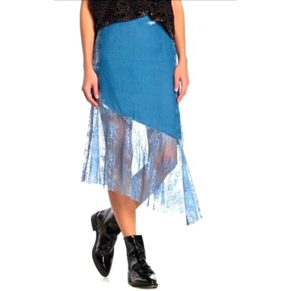 Free People ✦ My Lacey Velvet Midi Skirt ✦ Blue Asymmetrical Lace Hem Side Zip - Picture 2 of 16
